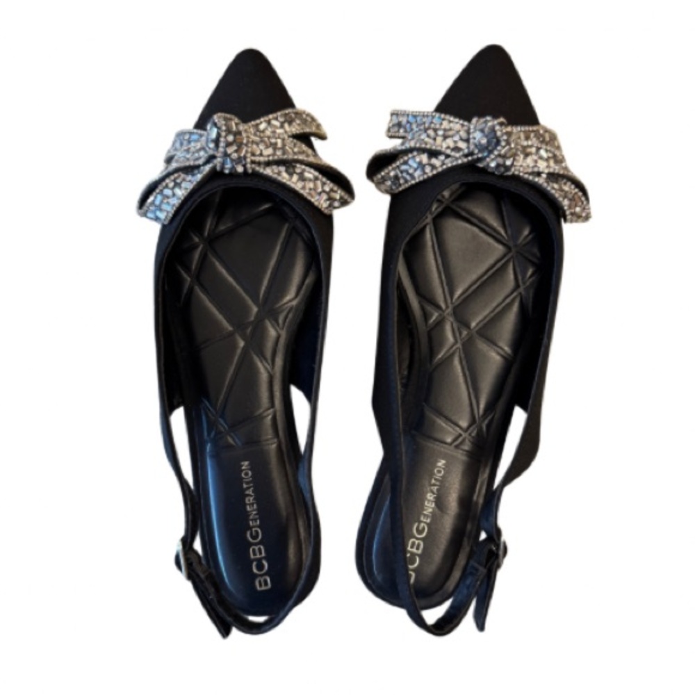 BCBGeneration Black Satin Bow Slingback Flats